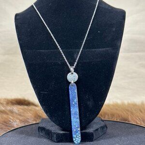 Blue Textured Pendant Necklace – Long Silver Chain